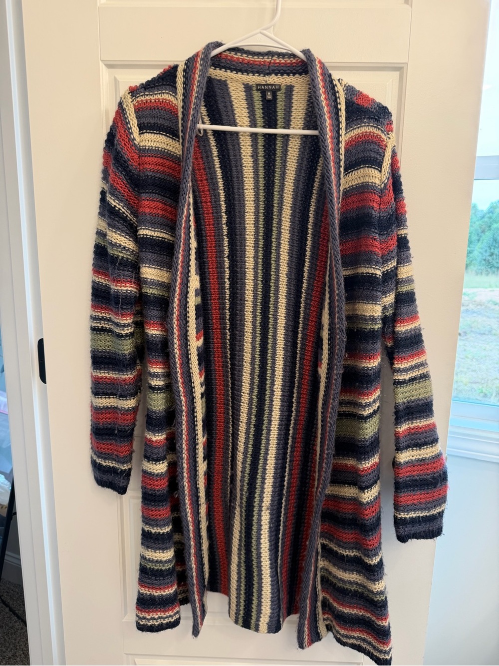 Hannah Medium Long Striped Chunky Knit Cardigan Boho Open Front Sweater